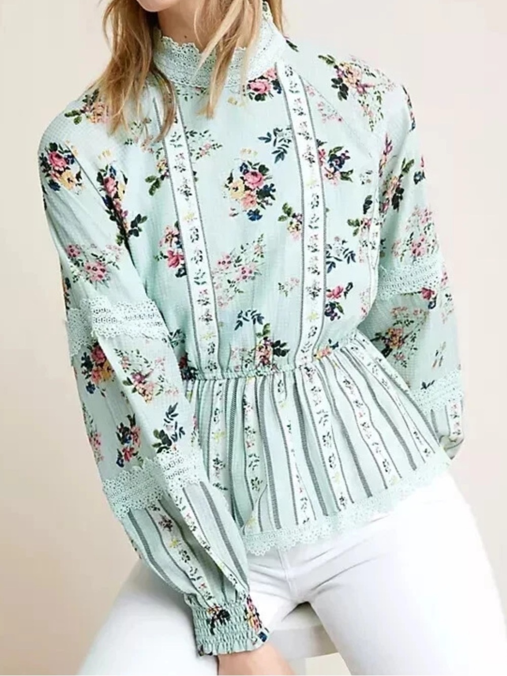 Hemant & Nandita Amour Floral Lace Blouse Top Anthropologie  Mint‎ Green Size XS